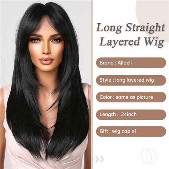 Long Black Wig with Bangs Straight Layered Wig for Women Natural Looking - Picture 4 of 7